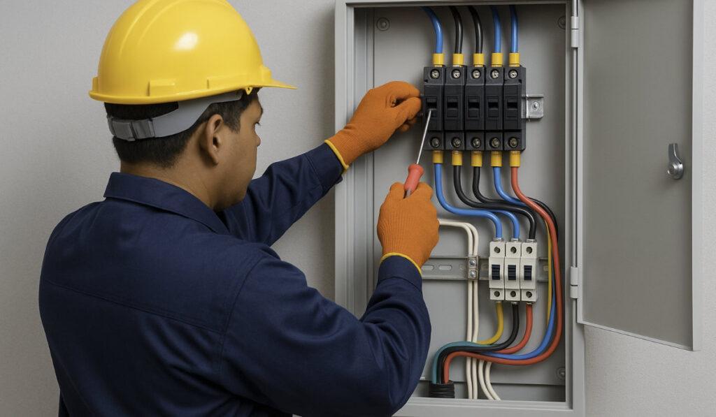 Técnico electricista trabajando en un panel eléctrico, ajustando interruptores con un destornillador. Lleva casco de seguridad amarillo y guantes naranjas, asegurando un entorno laboral seguro.