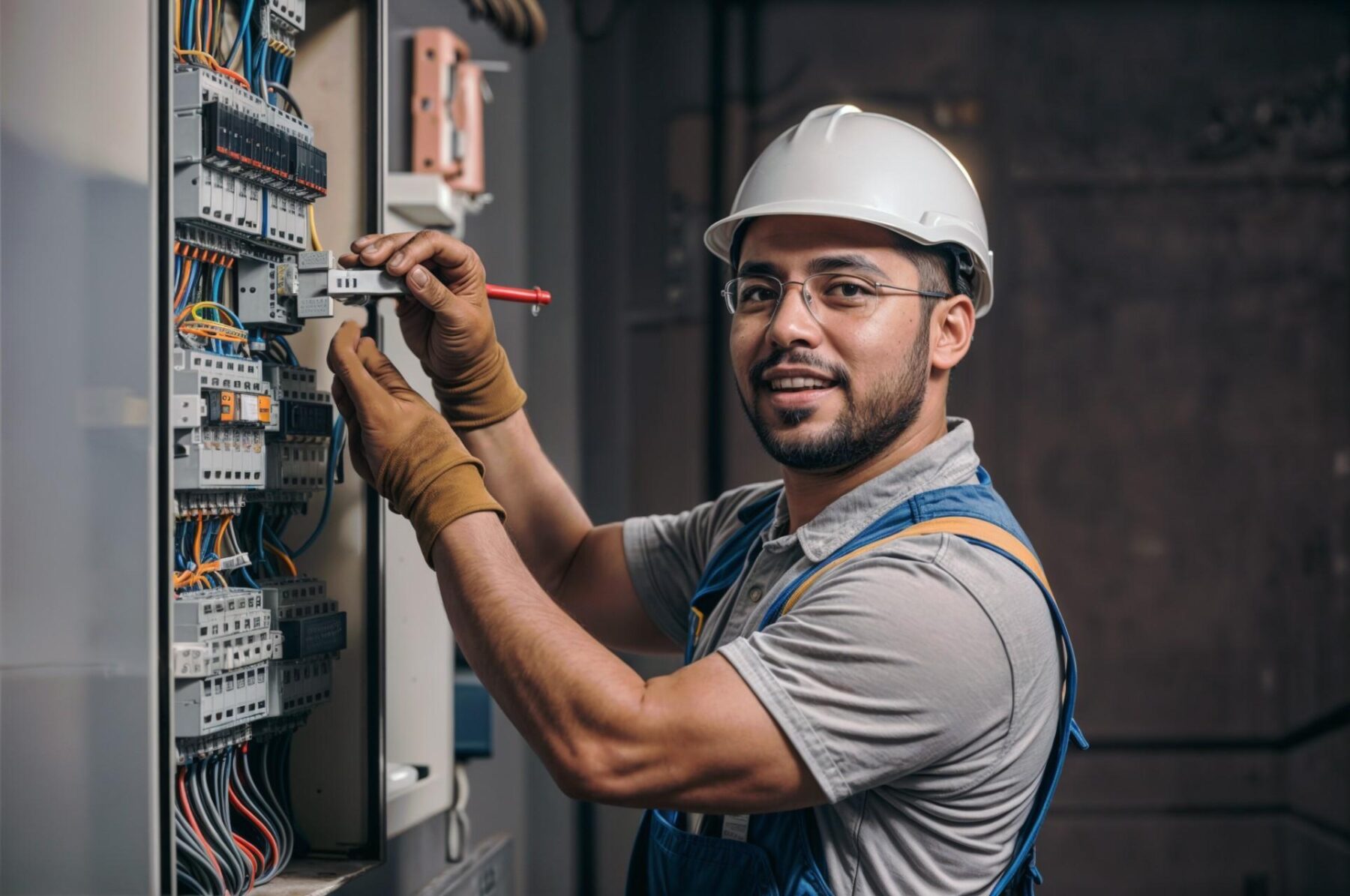 Técnico electricista trabajando en un panel eléctrico, usando guantes y casco de seguridad, con herramientas en mano y una sonrisa, en un entorno industrial.