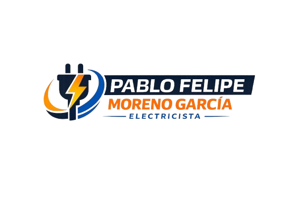 Logo de Pablo Felipe Moreno García, electricista, con un diseño que incluye un rayo y un enchufe, destacando su nombre y profesión en colores azul, naranja y amarillo.