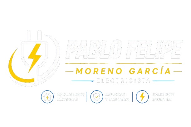Logo de Pablo Felipe Moreno García, electricista, que destaca servicios de instalaciones eléctricas, seguridad y confianza, y soluciones eficientes.