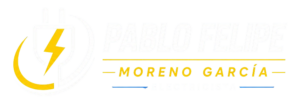 Logo de Pablo Felipe Moreno García, electricista, con un diseño moderno que incluye un enchufe y un rayo, representando servicios eléctricos profesionales.