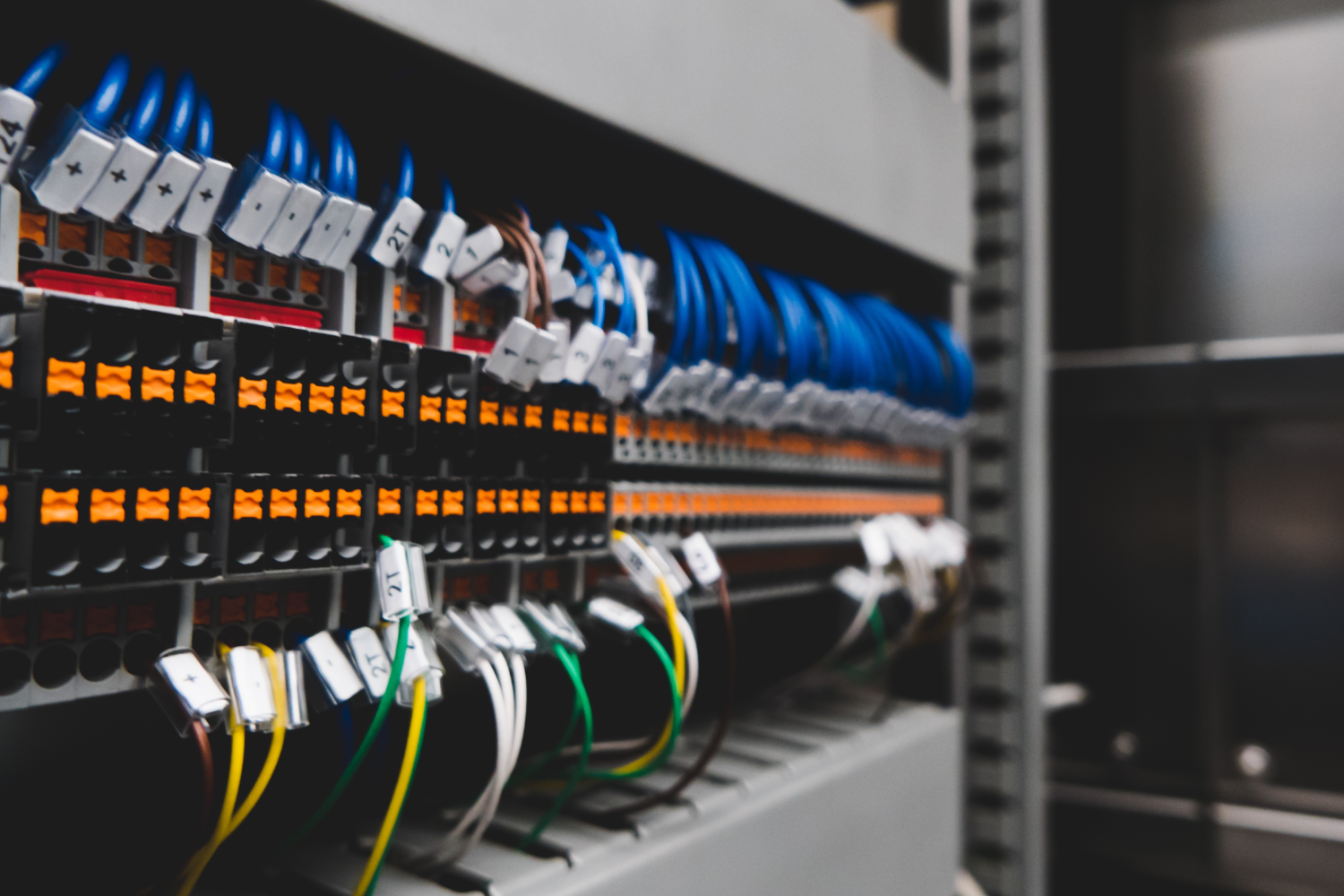 Panel de conexiones eléctricas con cables organizados, incluyendo conectores azules y etiquetas identificativas, utilizado en sistemas de control y automatización.