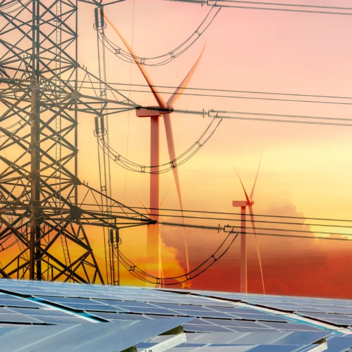 Imagen que muestra una torre de alta tensión junto a aerogeneradores y paneles solares, simbolizando la energía renovable y la sostenibilidad en un atardecer colorido.
