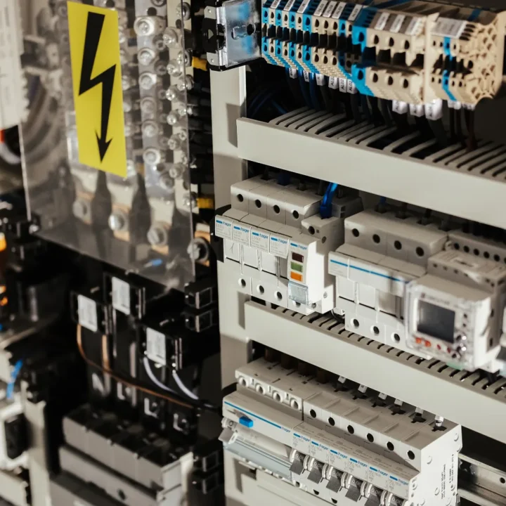 Panel eléctrico con componentes de control y protección, incluyendo interruptores automáticos y conexiones eléctricas, mostrando una señal de advertencia de alto voltaje.