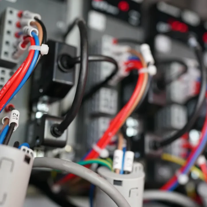 Conexiones eléctricas en un panel de control, mostrando cables de diversos colores, terminales y componentes electrónicos, ideal para ilustrar sistemas eléctricos y automatización.