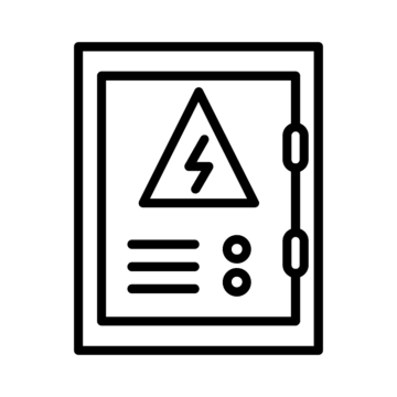 Icono de un panel eléctrico con un símbolo de advertencia de alto voltaje, que muestra un rayo y botones de control. Ideal para representar temas de seguridad eléctrica y equipos eléctricos.