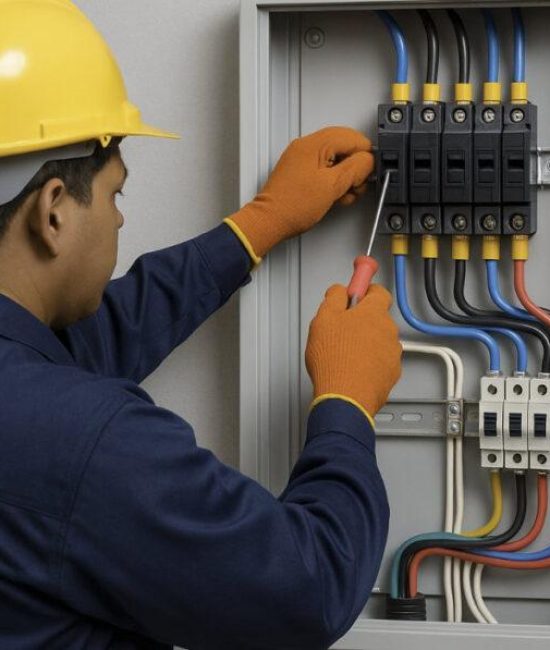 Técnico electricista trabajando en un panel eléctrico, ajustando interruptores con un destornillador. Lleva casco de seguridad amarillo y guantes naranjas, asegurando un entorno laboral seguro.